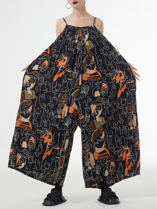 Women Black Printed Long Jumpsuit New High Waist Pocket Stitch Pants Fashion Tide Spring Autumn