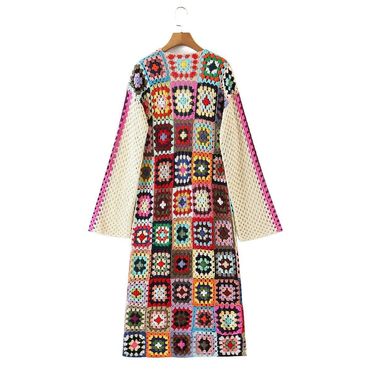New European and American Style Fashion Temperament Urban Leisure Women's Fully Handmade Grandmother Checkered Knitted Coat