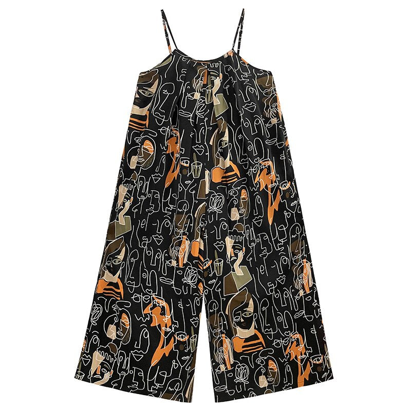 Women Black Printed Long Jumpsuit New High Waist Pocket Stitch Pants Fashion Tide Spring Autumn