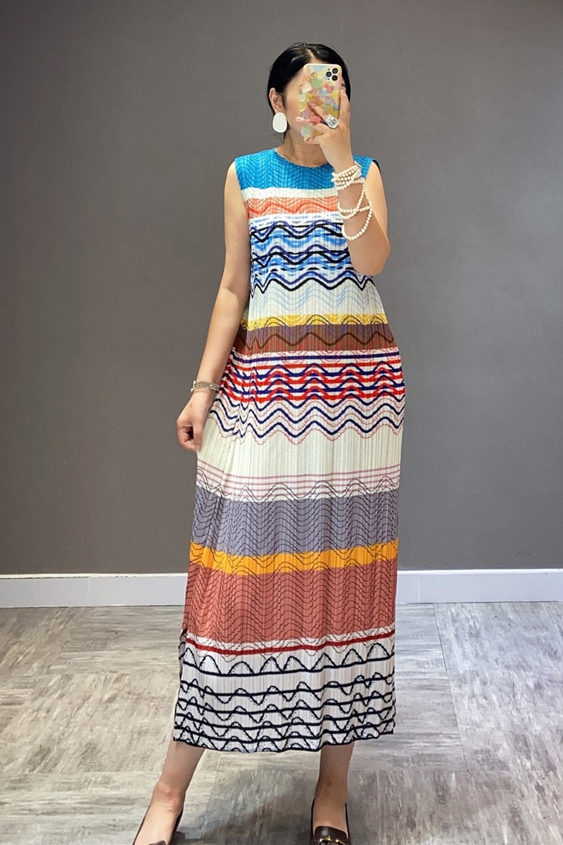Summer High-Waisted Temperament Commuter Sling Long Skirt Split Skirt Printed Ethnic Style Miyake Pleated Dress