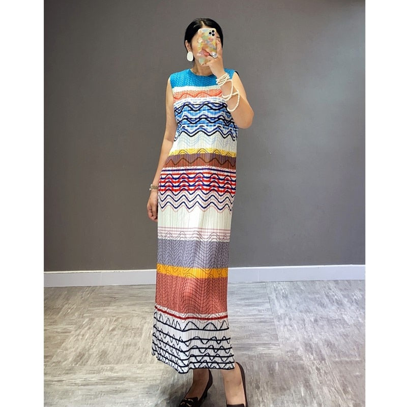 Summer High-Waisted Temperament Commuter Sling Long Skirt Split Skirt Printed Ethnic Style Miyake Pleated Dress