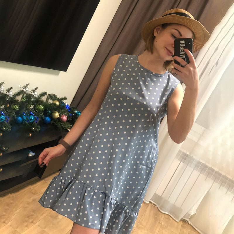 Women Summer Dress Fashion Polka Dot Sleeveless Beach Mini Dress For Women Casual Print Short Loose Blue Sundress 2022 Plus Size