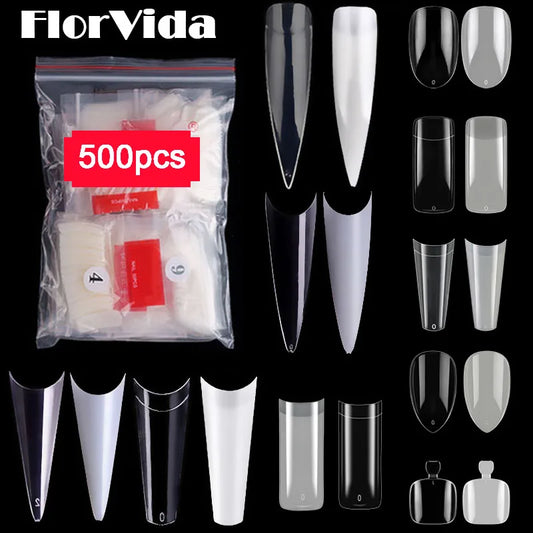 FlorVida 500 Tips Kit Bagged Fake False Nails Full Half French Acrylic