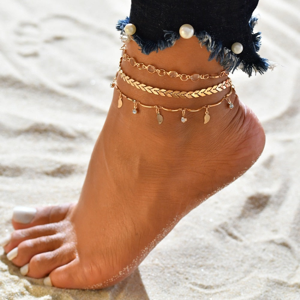 4pc/set Bohemia Shell Chain Anklet Sets For Women Sequins Ankle Bracelet On Leg Foot Trendy Summer Beach Jewelry Gift