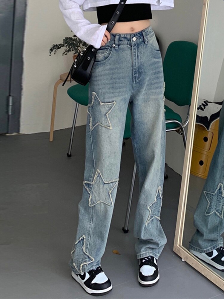 Weekeep y2k Star Patchwork Jeans Women Streetwear Low Rise Straight Leg Denim Cargo Pants Baggy Harajuku Vintage Casual Jean 90s