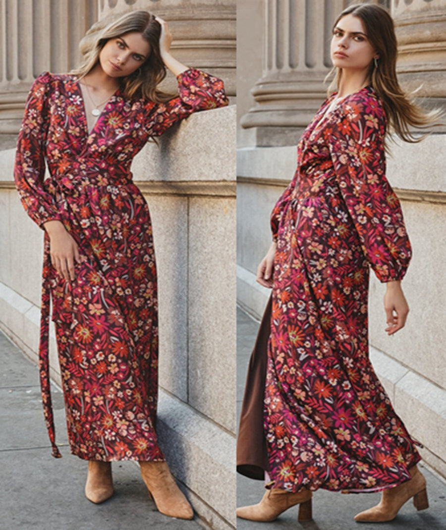 Women's Printed Long Sleeve Kimono Long Dress.