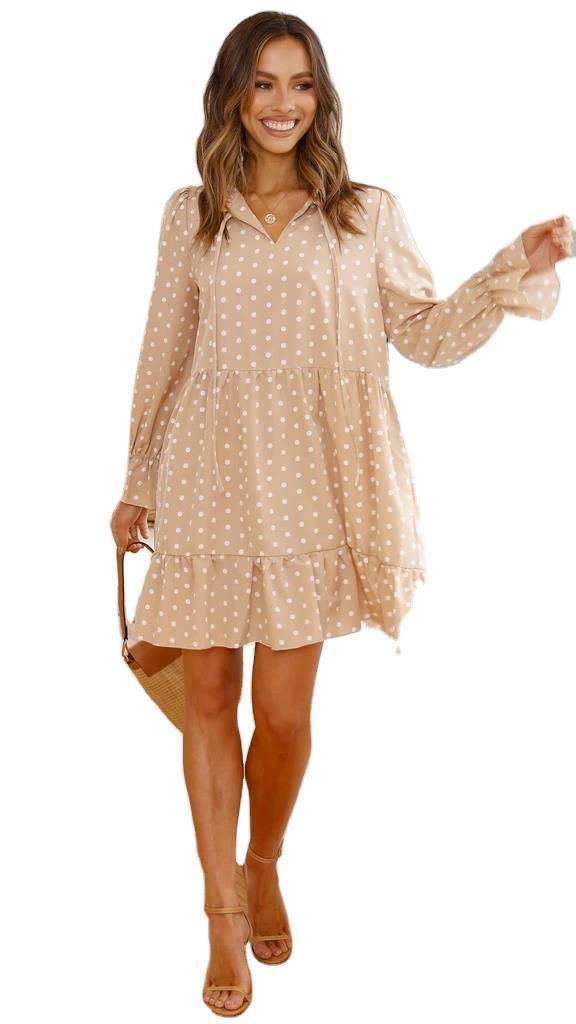 New Style Polka Dot Printing Long Sleeved Lantern Sleeve Loose Dress Women.