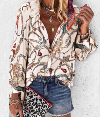 Printed Long Sleeve V-neck Button Ladies Blouse Women.