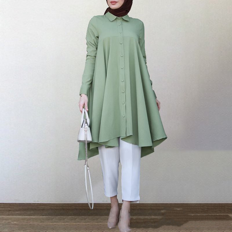 Women's New Muslim Solid Color Lapel Hem Long-sleeved Shirt.