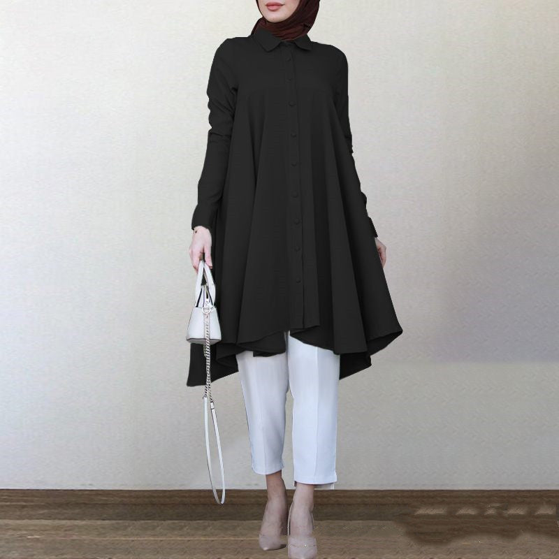 Women's New Muslim Solid Color Lapel Hem Long-sleeved Shirt.
