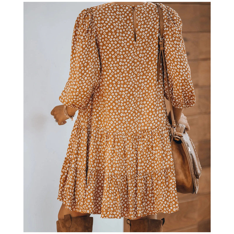 European And American Autumn And Winter Small Floral Long-sleeved Princess Sleeve Dress.
