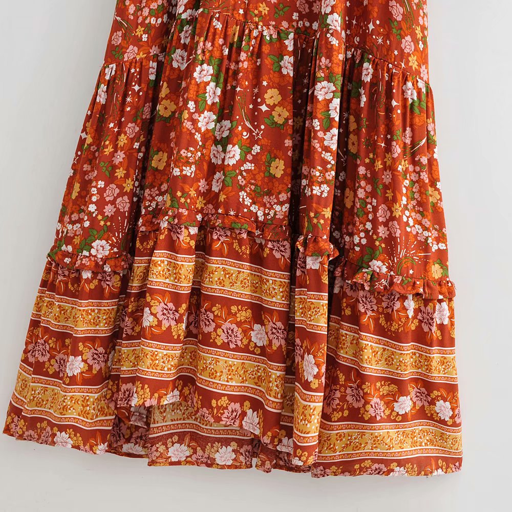 Cotton-print long-sleeved dress.