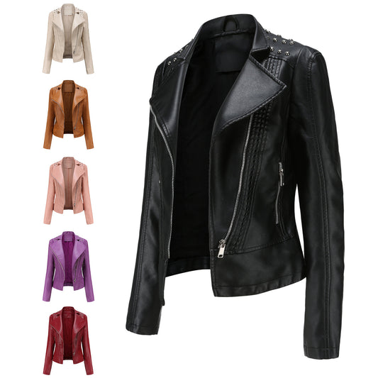 2023 New Spring Autumn Leather Jacket Women Slim Fit Motor Biker PU Leather Short Coat Stand Collar Ladies Zipper Outerwear