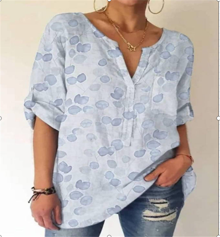 Summer Women's Blouse Loose Printing V-Neck Long-Sleeved Shirt Women.