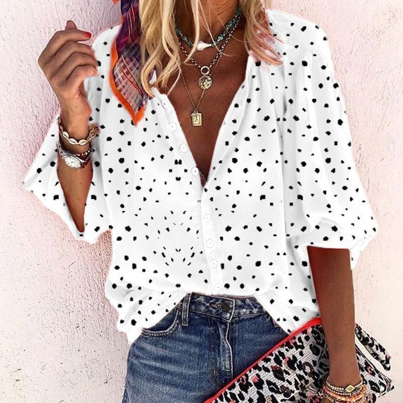 Printed Long Sleeve V-neck Button Ladies Blouse Women.