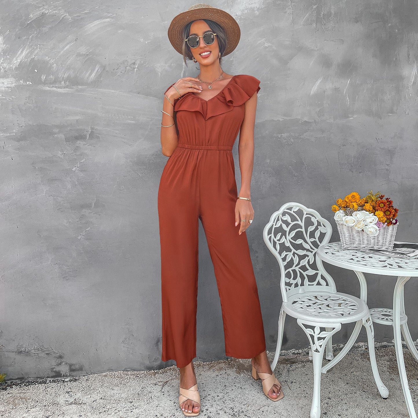 European And American Women's Solid Color Open Back Jumpsuit Summer Off Shoulder Casual Sundress Women Beachwear Jumpsuit Ruffle High Waist Jumpsuits Female Overalls Body Mujer.