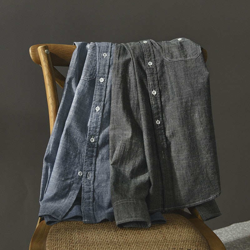 Autumn New Work Style Men&#39;s Casual Cotton Long Sleeve Shirt Single-breasted Multi-pocket Retro Denim Blue Workwear GML04-C321.