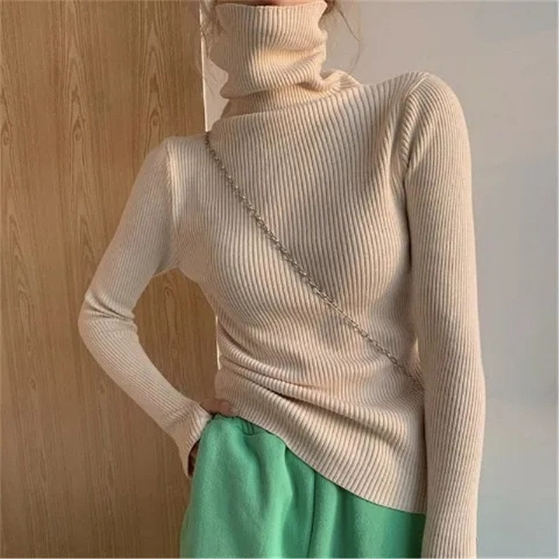 Women heaps collar Turtleneck Sweaters Autumn Winter Slim Pullover Women Basic Tops Casual Soft Knit Sweater Soft Warm Jumper.