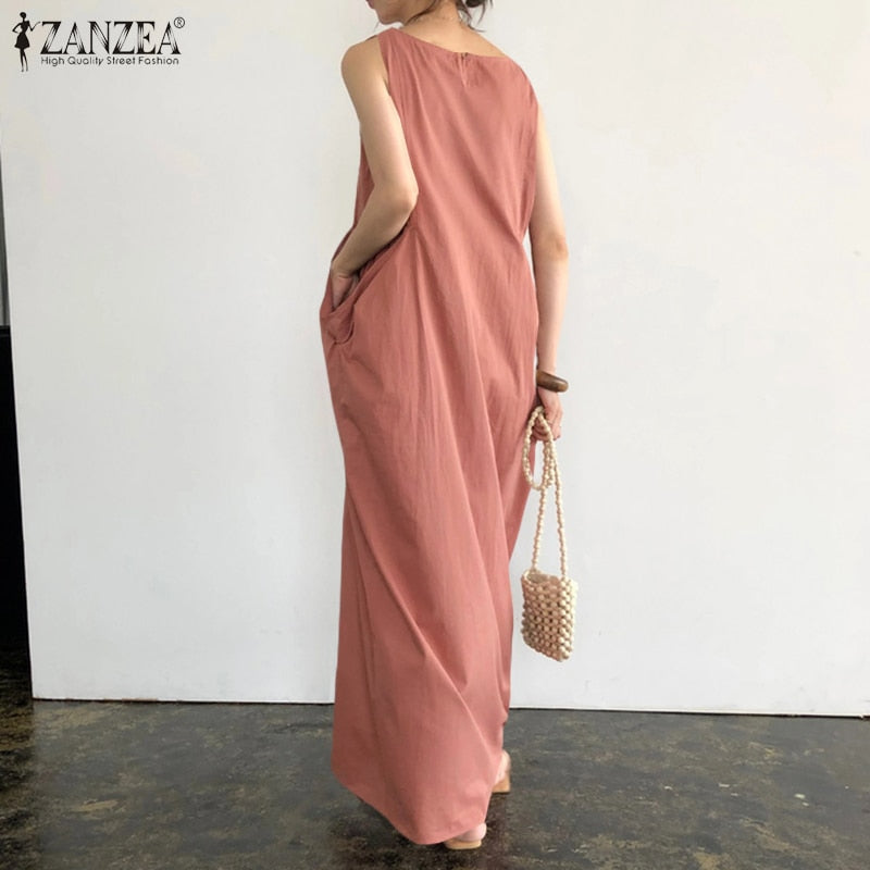 Elegant Solid Maxi Dress Women's Summer Sundress ZANZEA 2022 Casual Sleeveless sarafans Vestidos Female Cotton Robe.