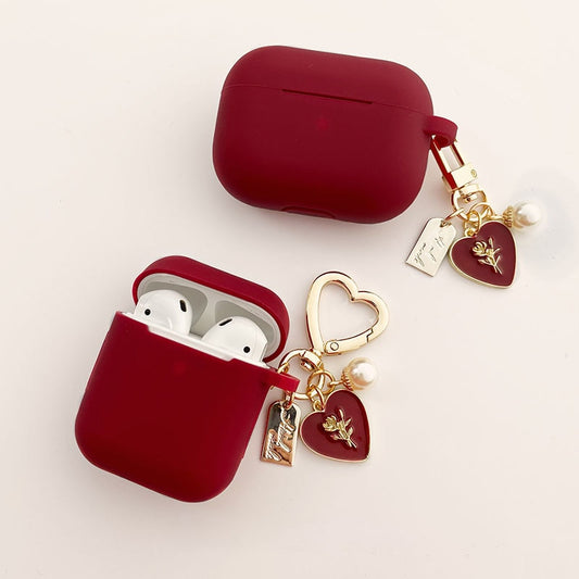 Vintage Roses Pearl Keychain Wine Red Silicone Earphone Case For Apple Airpods 1 2 Pro 3 Bluetooth Headset Cover Sweet Cute.