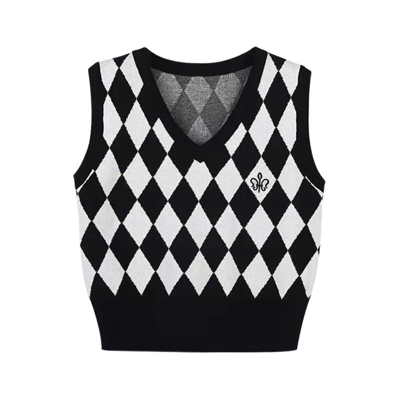 Checkerboard Plaid Sweater Vest For Women Vintage Print Knitted Mini Vest Casual Streetwear Harajuku Clothing Autumn Top.