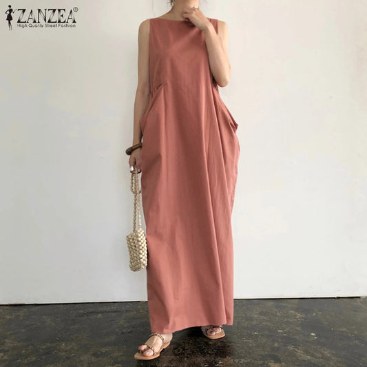 Elegant Solid Maxi Dress Women's Summer Sundress ZANZEA 2022 Casual Sleeveless sarafans Vestidos Female Cotton Robe.