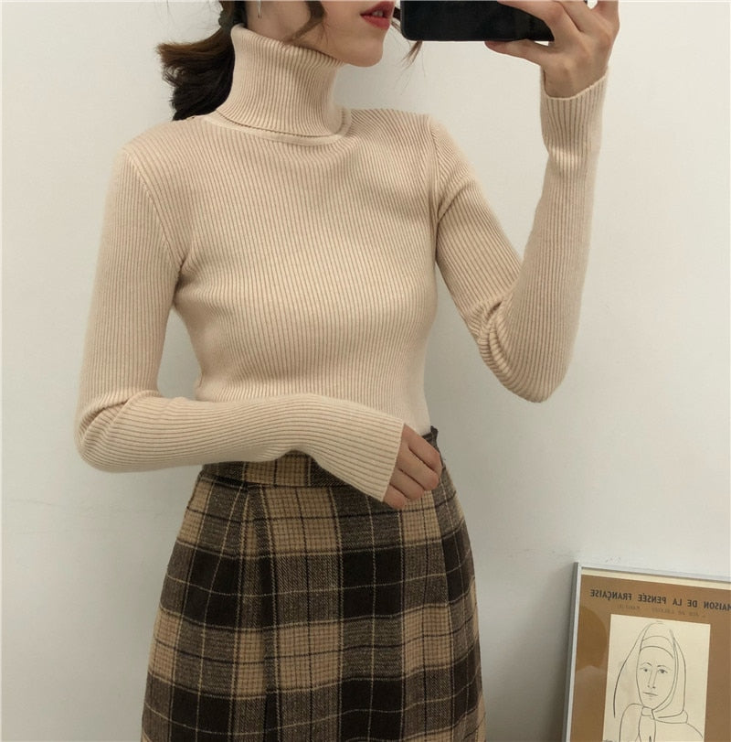 Women Turtleneck Sweaters Autumn Winter Korean Slim Pullover Women Basic Tops Casual Soft Knit Sweater Soft Warm Jumper.