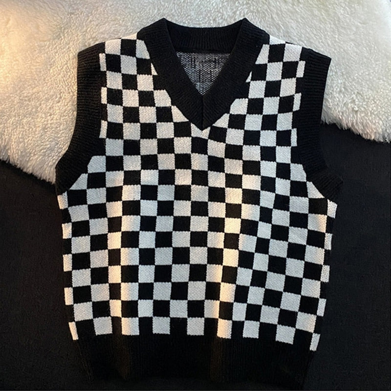 Checkerboard Plaid Sweater Vest For Women Vintage Print Knitted Mini Vest Casual Streetwear Harajuku Clothing Autumn Top.