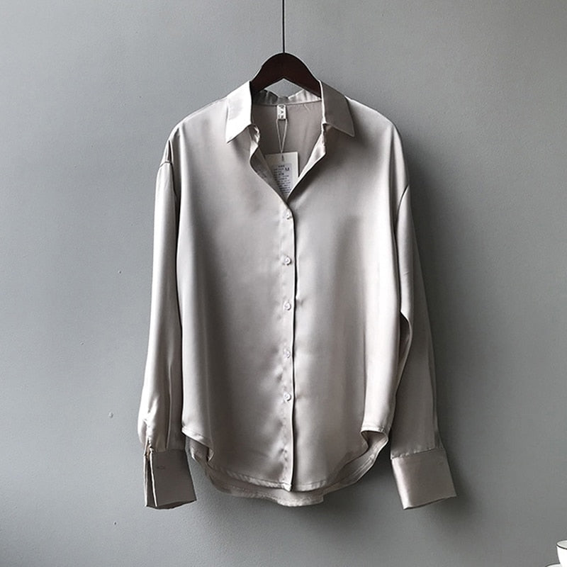 Silk Korean Office Ladies Elegant Shirt Blouse Women Fashion Button Up Satin Shirt Vintage White Long Sleeve Shirts Tops 11355.