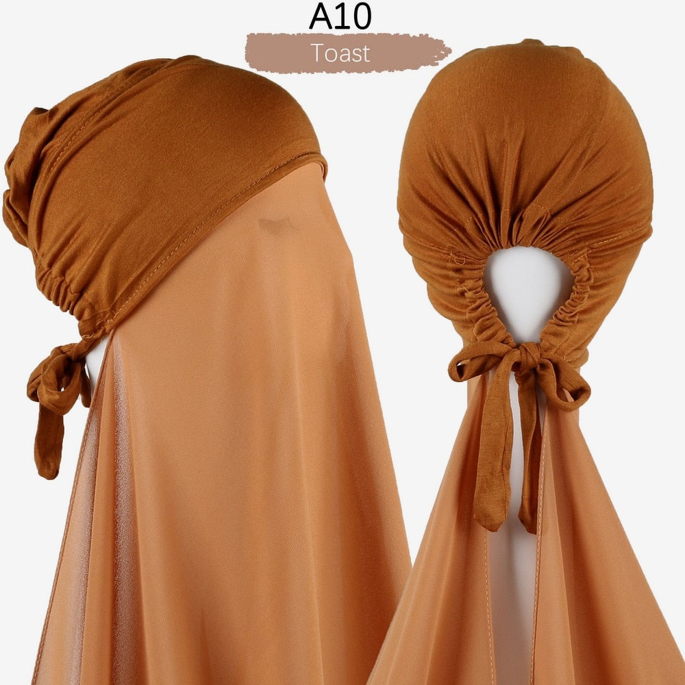 Muslim Women Chiffon Hijab With Cap Bonnet instant Chiffon Hijab Pinles Shawl Head Scarf Under scarf Caps  Cover Headwrap
