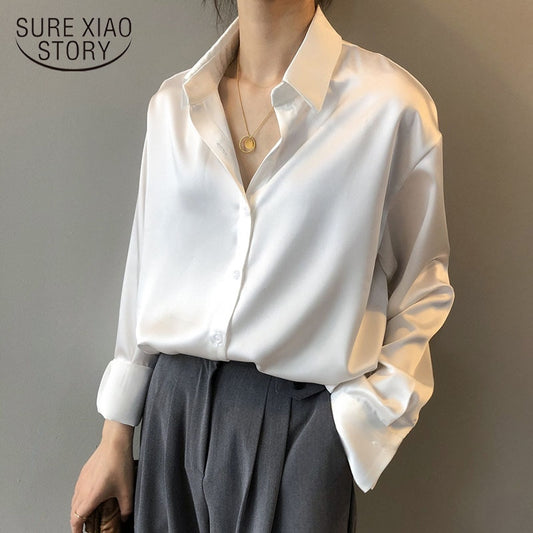 Autumn Fashion Button Up Satin Silk Shirt Vintage Blouse Women White Lady Long Sleeves Female Loose Street Shirts 11355.