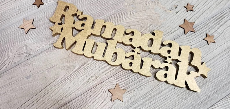 Wooden Ramadan Mubarak sign Muslim Islamic Kareem Iftar Eid country rustic home table Centrepiece tabletop art decoration gift.