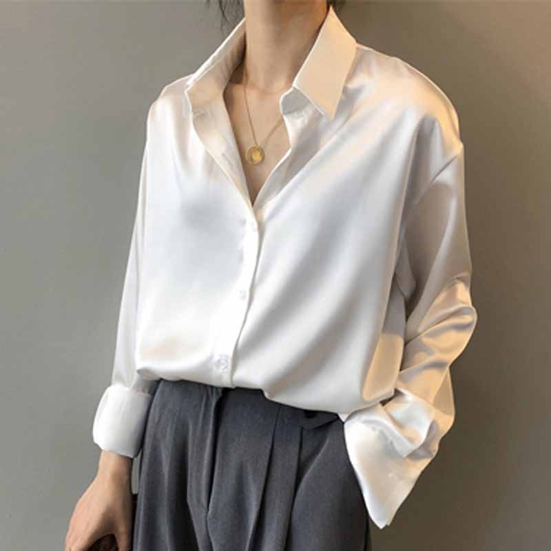 Silk Korean Office Ladies Elegant Shirt Blouse Women Fashion Button Up Satin Shirt Vintage White Long Sleeve Shirts Tops 11355.
