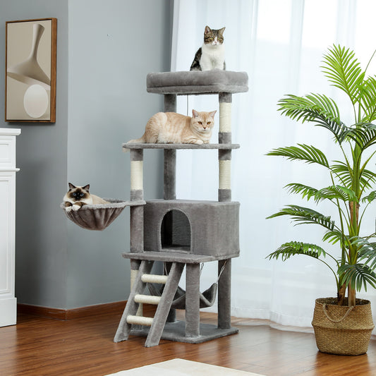 Cat Tree Towel Scratching Sisal Post Multi-Level Pet Climbing Tree with Hammock Bed Cat Ladder Extra Large Perch with Toy Ball.